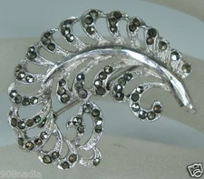 VINTAGE SILVER & MARCASITE FEATHER,LEAF OR BRANCH BROOCH/PIN ART DECO STYLE
