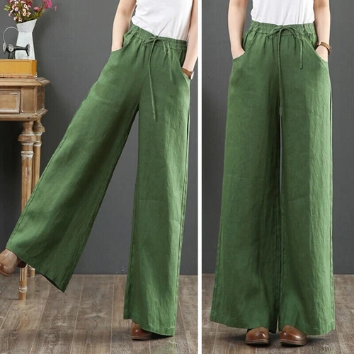 Summer Womens Cotton Linen Baggy Long Trousers Elastic High Waist Wide Leg Pants - Picture 4 of 31