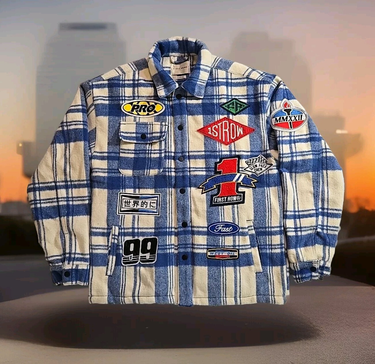 Giacca Prima Fila Sportiva Logo Multi Toppe Shacket Blu Bianco Tg. Grande