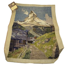 Vtg Handarbeit Tapestry VILLAGE MOUNTAIN Hand Embroidered Signed Josef Burber