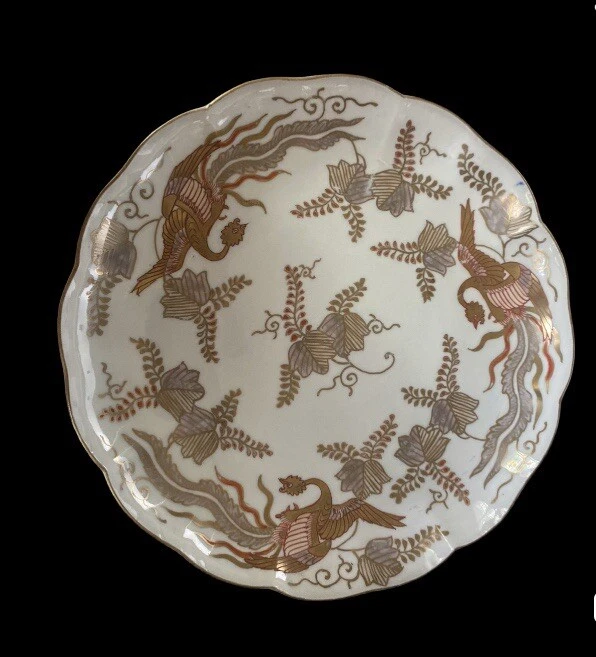 Placa de porcelana japonesa Arita Imari dourada decoração pássaros e milheto período Edo - Imagem 2 de 3