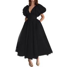 Women Puffy Sleeve Short Prom Dresses Dotted Tulle V-Neck Tea Length