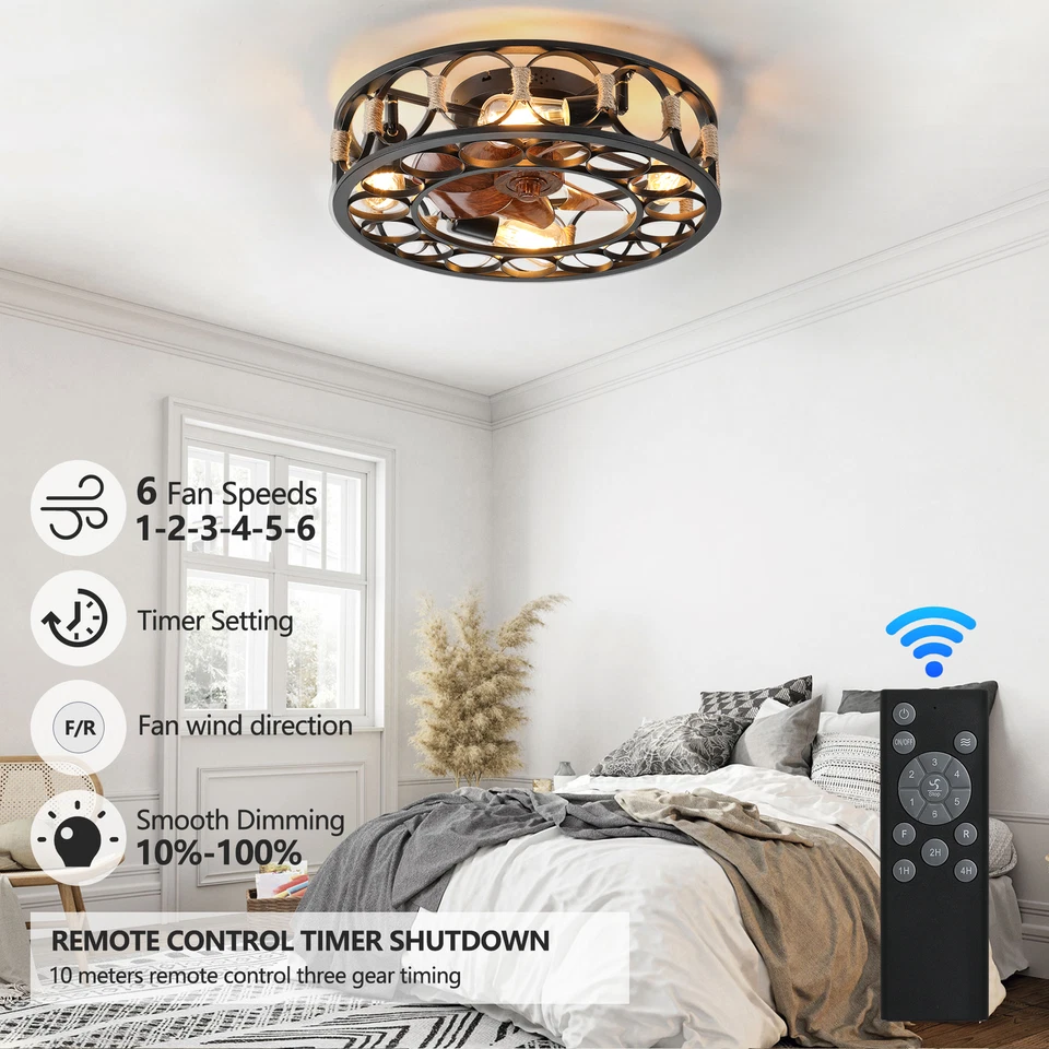 20" Caged Ceiling Fan Lights Flush Mount Farmhouse Light kit With Remote Control - Image 3 of 4
