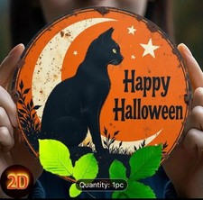 Vintage Black Cat Moon Tin Metal Sign Happy Halloween Wall Art 8x8