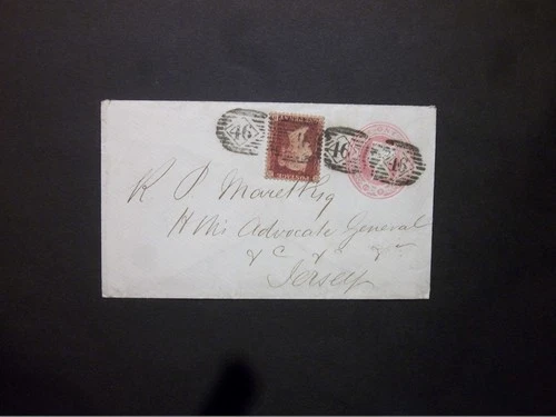 Stationery 1863 QV 1d pink Envelope + 1d red '46' twin numerals LONDON to Jersey