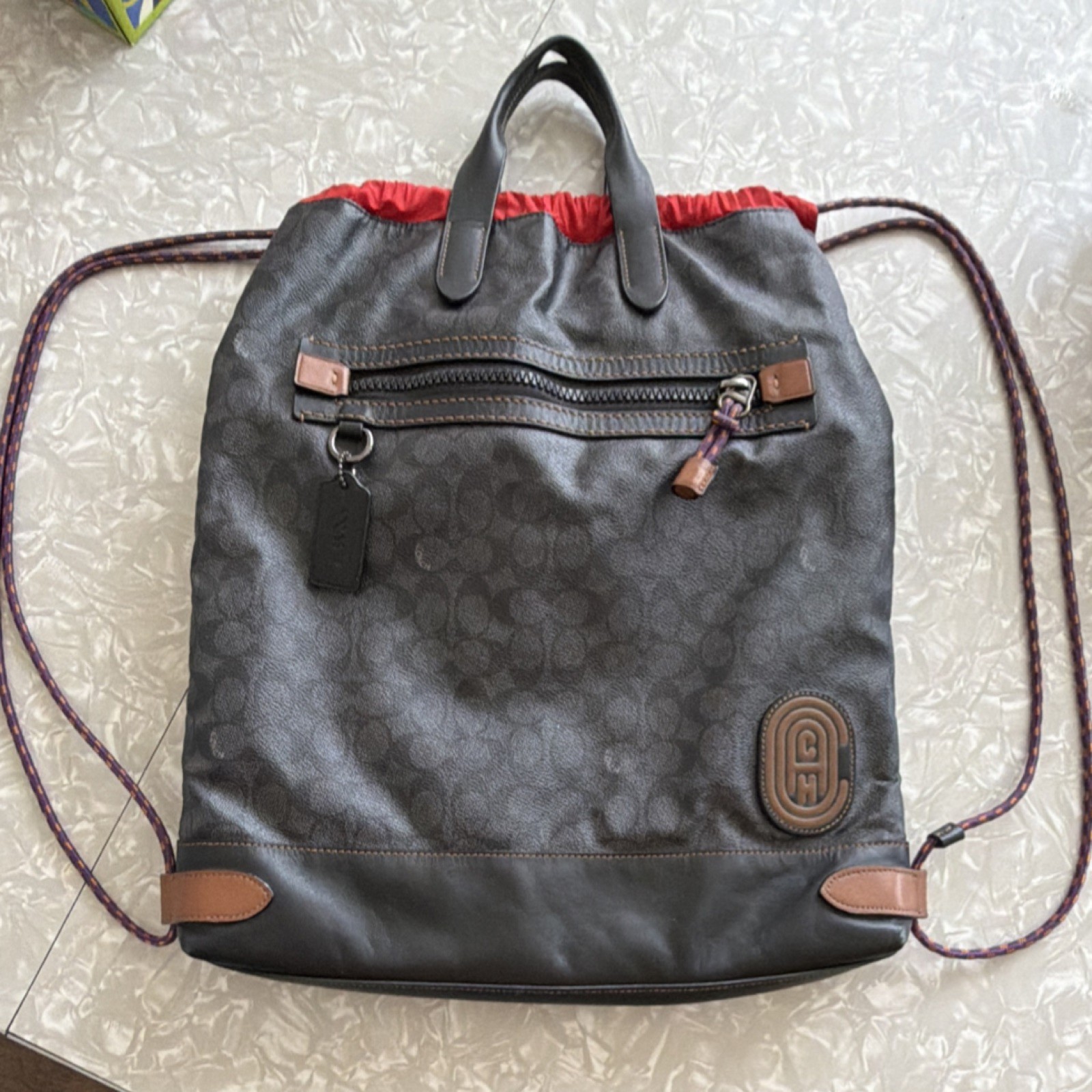 Coach Gray Drawstring Backpack Logo Pattern Red T… - image 1