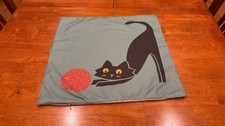 Decorative Pillow Cover Black Cat w/ Red Ball of Yarn Sage Background 17" x 17"