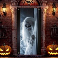 Scary Ghost Door Cover Halloween Decor Spooky Creepy Woman Horror Backdrop Banne