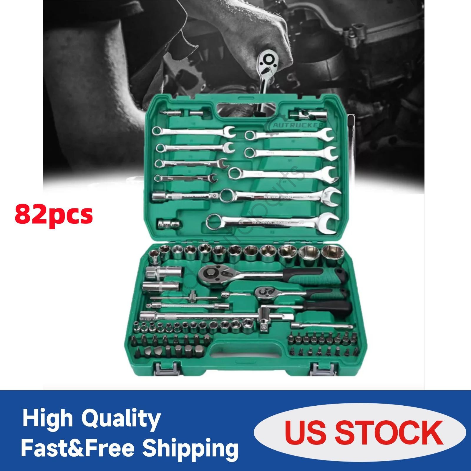 Set 82 Piece 72 Teeth Mechanic Tool  Socket Wrench Set with Storage Case 1/4 1/2