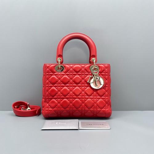 Authentic Dior Lady Dior Medium Red Leather Cannage Bag Gold HW.