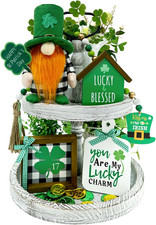 St. Patrick'S Day Decor Set 5Pcs Gnome Tiered Tray Decor Shamrock Wood Signs Buf