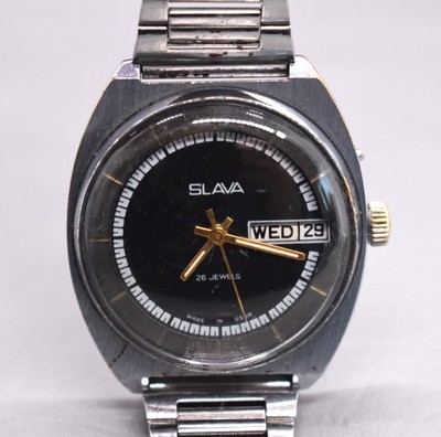 Slava 2428 USSR Mechanical Watch Day Date 26 Jewels Vintage Soviet Runs 1980s