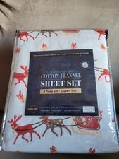 Flannel Sheet Set Holiday-Santa Sleigh Ultra Soft 15-inch-deep pocket QUEEN 4 pc