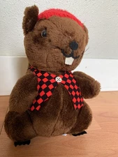 VINTAGE R. DAKIN & CO. Woodchuck or Beaver with Red Hat and Vest Stuffed Animal