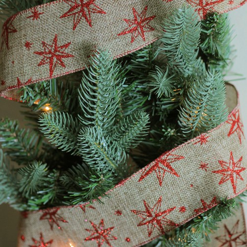 Northlight 12 Red Star Beige Burlap Wired Christmas Ribbon Spools - 2.5" - Picture 3 of 3