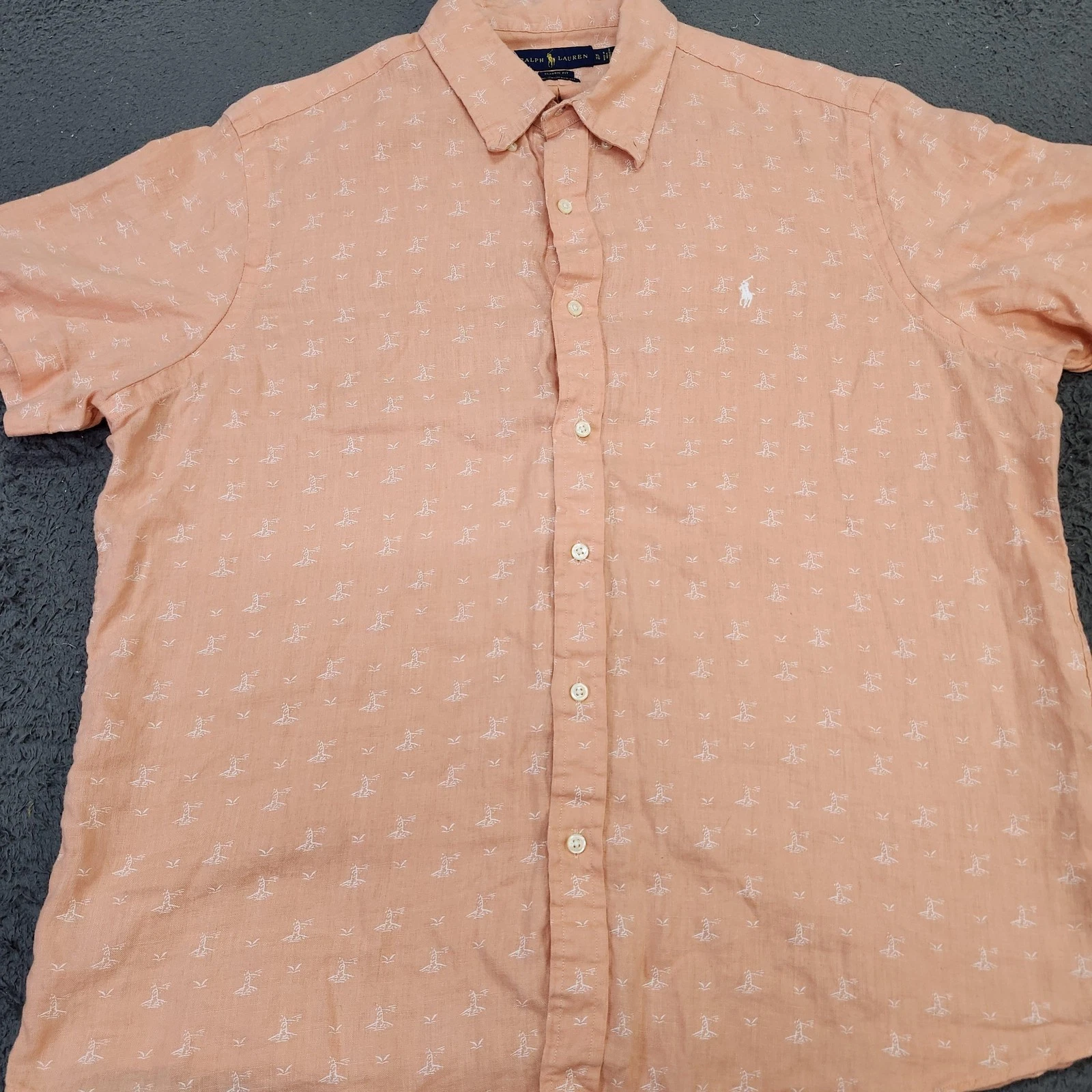 Ralph Lauren Shirt Mens XL Orange Nautical Lighthouse Print Short Sleeve Button