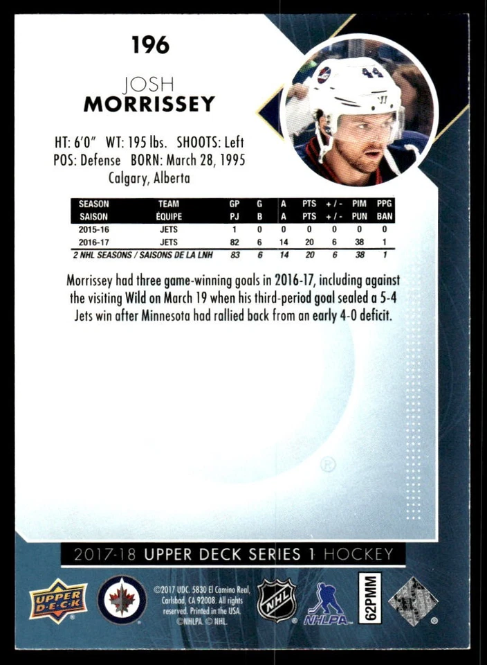 2017-18 Upper Deck #196 Josh Morrissey Winnipeg Jets Hockey Card - Image 2 of 2