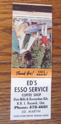 ED'S ESSO GAS STATION MATCHBOOK COVER: KESWICK, ONTARIO 1970s MATCHCOVER -B8