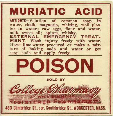 #ad #ad 1 Vintage Pharmacy Label MURIATIC ACID POISON College Pharmacy Worcester Mass $42.30