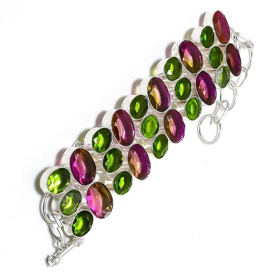 Bi-Color Tourmaline Gemstone 925 Sterling Silver Handmade Jewelry Bracelet 8" - Image 2 of 4