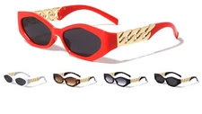 WOMENS SLIM CAT EYE GOLD CUBAN LINK CHAIN SUNGLASSES RETRO DESIGNER FASHION WIDE