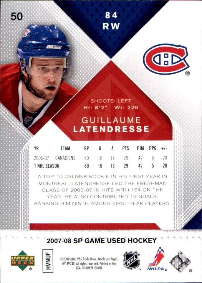 2007-08 SP Game Used #50 Guillaume Latendresse MONTREAL CANADIENS - Image 2 of 2