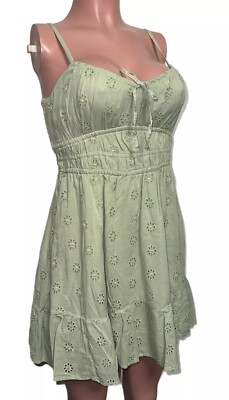Pastel Green Crochet Eyelet Smocked Hollister Mini Dress Casual Chic Lined  Bust