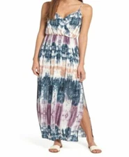 $61 One Clothing Women's Blue Tie Dye Surplice Sleeveless Maxi Dress Size XS