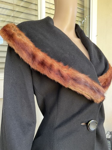 Vtg 40s/50 Black Wool Princess Coat Genuine Mink Trim Shawl Collar 8/10 - Picture 4 of 11