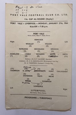 Port Vale v Liverpool, F.A.Cup Round 4 Replay, 27.1.1964 Einzelkarte RAR