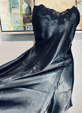 Vtg Black Satin Babydoll Nightgown XL 40 42