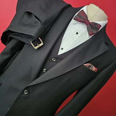 VINTAGE BLACK HERRINGBONE w/ Red & White PINSTRIPE 3-PIECE SUIT USA Union Made - Image 1 of 4
