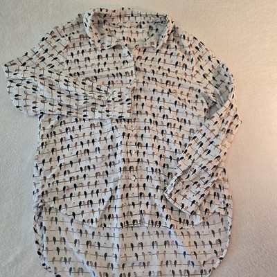 Jane Delancey Birds On A Wire Womens Top Medium Black White Brown Hi Lo Roll Tab