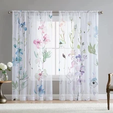 Floral Leaves Curtains for Living Room 84 inch Length 2 Panels Set Elegant Bl...