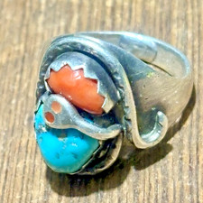 Vintage Zuni Effie C Calavaza Snake Ring Sterling Silver Turquoise Red Coral