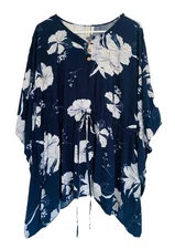 SUNNY ISLAND Hawaii Womens Navy Floral Tie Waist Swim Cover  One Size