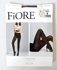 FiORE Julia Floraison Microfibre Tights 40 Den Black/Red Rose Pattern Size 4 