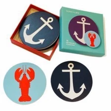 New in Box Sunnylife Lobster & Anchor Reversible Coasters - 16 ct. blue & red
