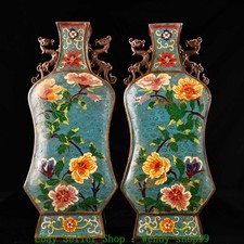 15.3"Old Bronze Cloisonne Enamel Beast Animal Flowers Plants Bottle Vase Pair