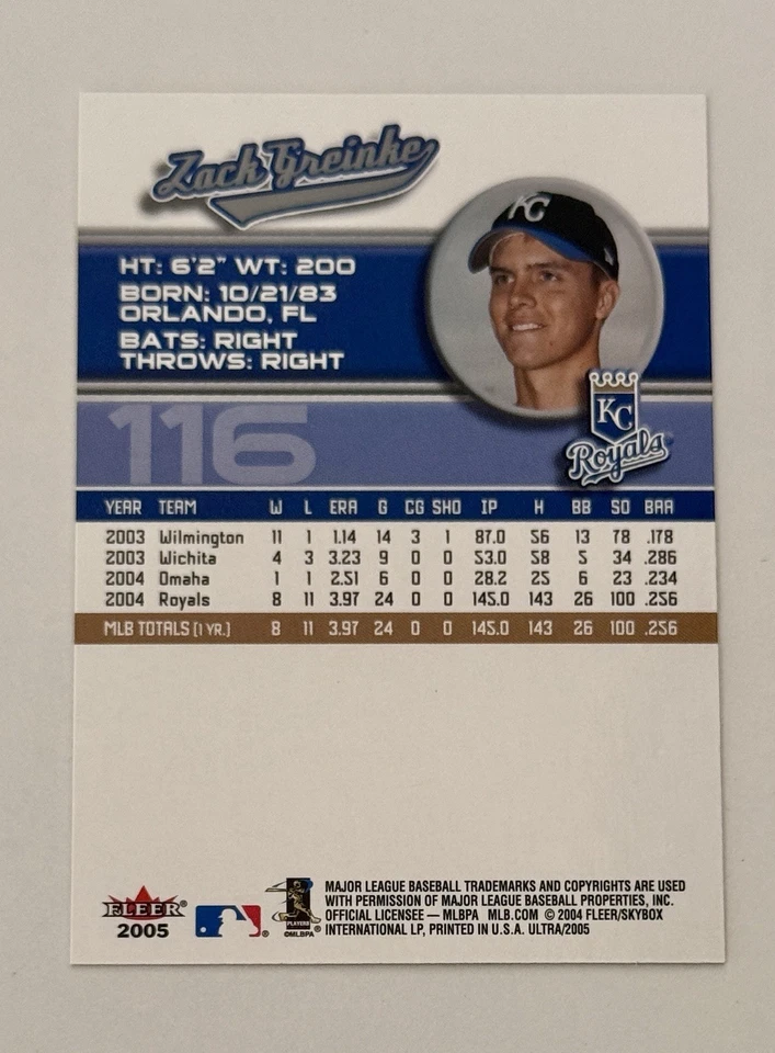 2005 Fleer Ultra - #116 Zack Greinke Kansas City Royals RC Encore!!! Cy Young - Image 2 of 2