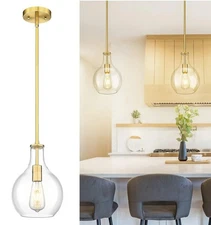 Modern Brushed Gold Pendant Light, 8 Inch Pendant Light with Clear Glass Shade