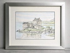 Vintage 1978 Aquarell Tusche Gemälde Eilean Donan Castle R. Peace Schottland Kunst