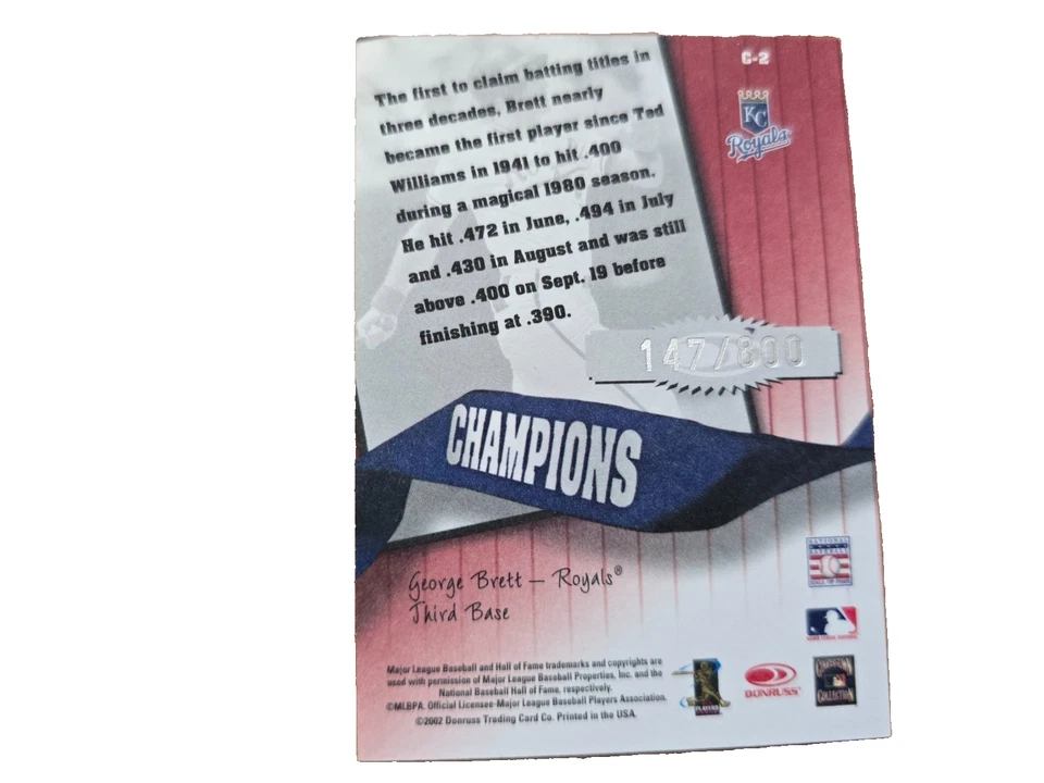 2002 DonRuss Originals Champions KC Royals HOF Great George Brett, card #C-2 - Image 2 of 2