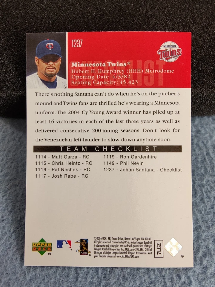 2006 UPPER DECK JOHAN SANTANA #1237 SP SHORT PRINT CHECKLIST MINNESOTA TWINS - Image 2 of 2