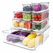 Fridge Organizer Clear Drawer & 7 Storage Bins Set Stackable Vegetable Fruit ...