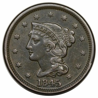 1845 Braided Hair Large Cent N 13 rare TDS (h) obverse/reverse cuds