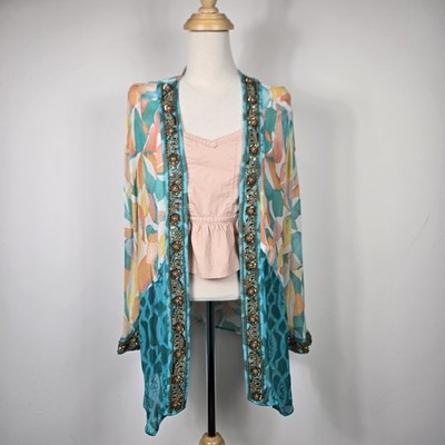 Soft Surroundings Embellished Beaded Boho Kimono Cardigan Duster L Viscose