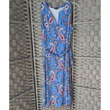 Talbots Midi Dress Blue Pink Paisley Floral Sleeveless Belted Boho Stretch MP