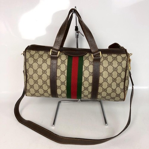 GUCCI Sherry Line GG Canvas Mini Boston Bag Handbag Beige Brown Leather Logo