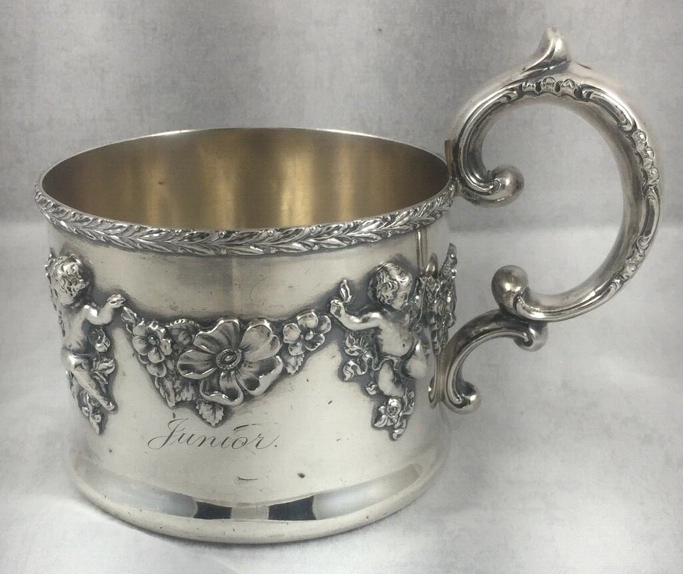 Taza grande Cherub Shreve & Co Makers San Francisco 925/1000 esterlina 1897 Foto 3 de 4
